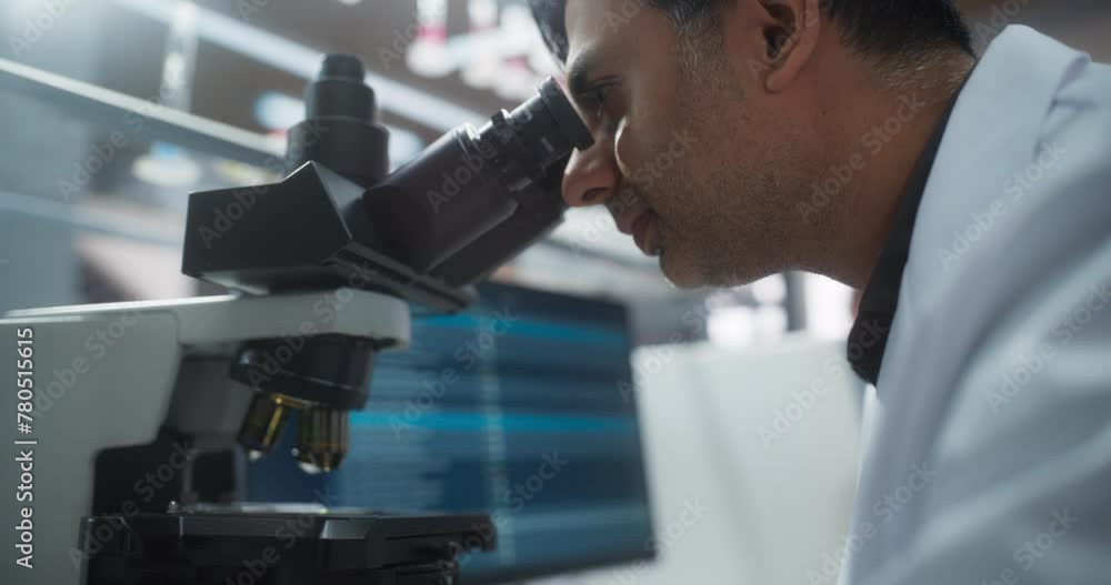 Poster cinematic zoom in portrait of an indian scientist working in a laboratory, using advanced microscope