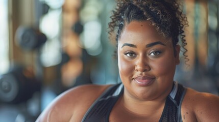 A woman with curly hair wearing a black sports bra smiling at the camera in a gym setting with blurred weightlifting equipment in the background. - obrazy, fototapety, plakaty