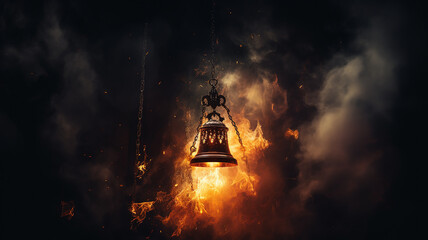 fire alarm, big bell on a black background in clouds of smoke and flames, fire alarm concept - obrazy, fototapety, plakaty