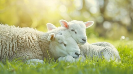 Obraz premium Embrace of Spring: Tender Moments Between Sheep and Lambs - Generative AI