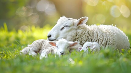 Obraz premium Embrace of Spring: Tender Moments Between Sheep and Lambs - Generative AI