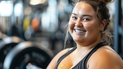 A smiling woman with a glowing complexion wearing a black tank top standing in a gym with weights in the background. - obrazy, fototapety, plakaty