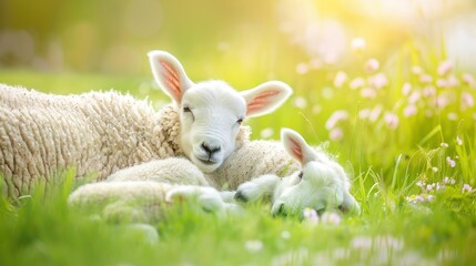 Naklejka na ściany i meble Embrace of Spring: Tender Moments Between Sheep and Lambs - Generative AI