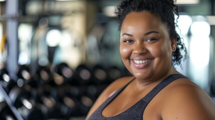 Smiling woman in gym wearing tank top surrounded by weights and exercise equipment.