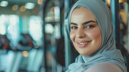 A woman with a hijab smiling at the camera standing in a gym with blurred exercise equipment in the background.