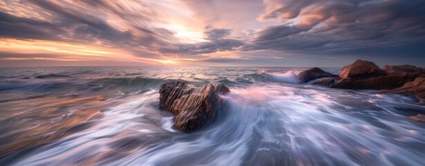 Twilight Serenity: Ocean Rocks Bathed in Sunset Glow Generative AI - obrazy, fototapety, plakaty