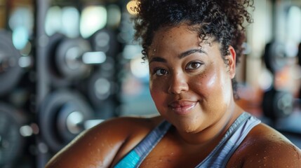 A woman with curly hair wearing a sports bra smiling with sweat on her skin standing in a gym with...