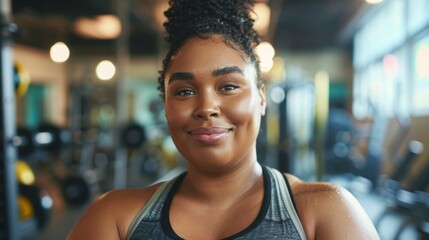 Smiling woman in gym sweaty wearing gray sports bra with curly hair in front of weights and exercise equipment. - obrazy, fototapety, plakaty