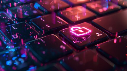 Abstract digital keyboard with a glowing padlock symbol representing cybersecurity, data encryption, and online safety measures.