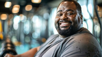 Obraz premium A man with a beard and mustache wearing a gray shirt smiling and looking to the side with a blurred gym background featuring weightlifting equipment and lights.