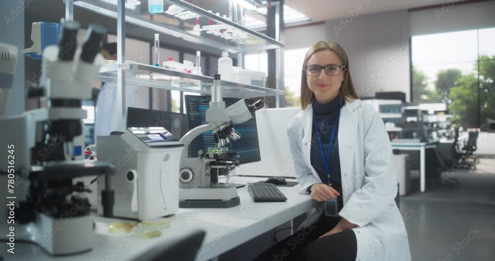 Poster medical research scientist looking at biological samples under a microscope in an applied science la