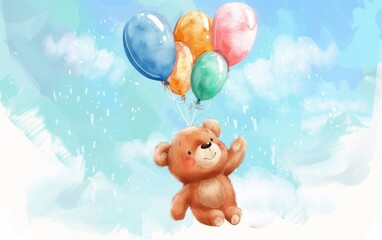 Fototapeta premium Cute teddy bear flying on colorful balloons and blue clouds; Hand-painted with watercolor; Can be used for card or baby shower