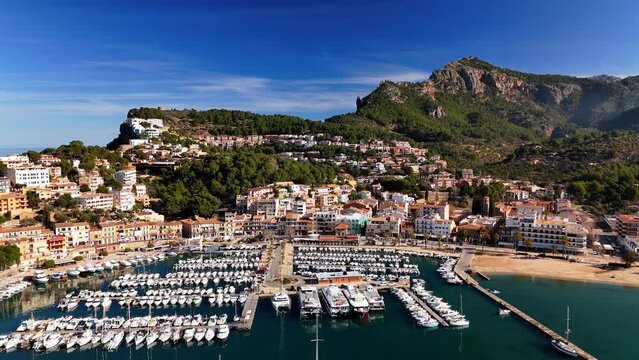 An aerial view of Port de Soller, Mallorca early morning