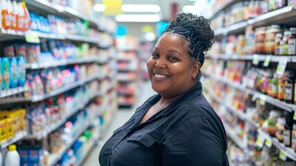 Smiling woman in supermarket aisle surrounded by various products.