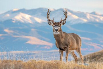 Mule deer buck in front of mountains on a nature background.