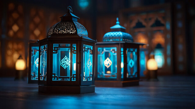 islamic Lentern on dark, beutiful lighting 3d rendering illustration, eid mubarak background