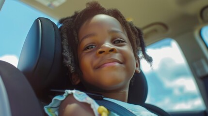 A young girl with curly hair smiling and looking up seated in a car seat with a blue sky and clouds in the background. - obrazy, fototapety, plakaty