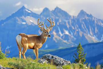 Deer in front of mountains on a nature background. Generative ai