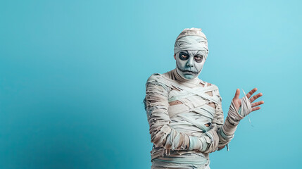 Young man in costume dressed as a Halloween cosplay of a scary mummy on blue background