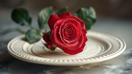 Red rose on white dish.Meal on Valentines Day
