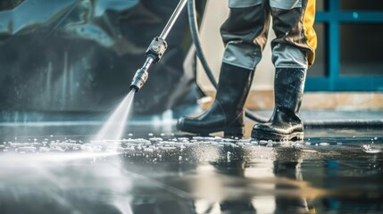 A person in protective gear using a high-pressure washer to clean a surface.