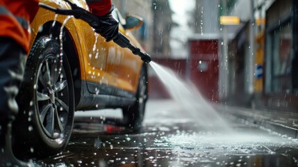 A person in an orange vest washing a car with a high-pressure hose on a rainy day.