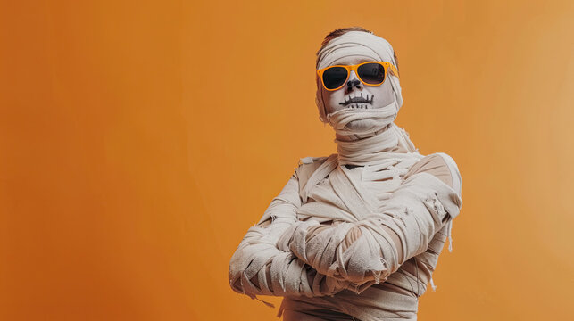 Young man in costume dressed as a Halloween cosplay of a scary mummy on orange background