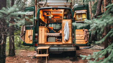A green van from a traveler with a wooden interior and a bed