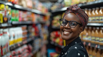 Smiling woman in a store aisle with a colorful headscarf and glasses surrounded by various products.