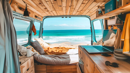 A van parked on the beach with a laptop on the desk and a bed in the back