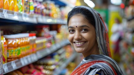 Smiling woman in traditional Indian attire with a headscarf standing in a vibrantly stocked grocery store aisle. - obrazy, fototapety, plakaty