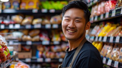 Asian man smiling at camera standing in front of well-stocked grocery store shelves with various...