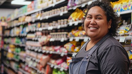 A smiling woman in a store aisle wearing a gray shirt and denim overalls standing in front of a variety of packaged products. - obrazy, fototapety, plakaty