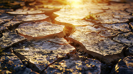 Closeup of dry land and harsh sunlight water scarcity global warming and climate change concept - obrazy, fototapety, plakaty