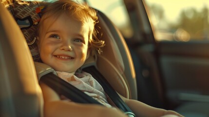 A joyful toddler in a car seat smiling brightly with sunlight streaming through the window.