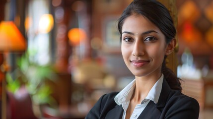 Obraz premium Gorgeous woman from India managing a hotel.