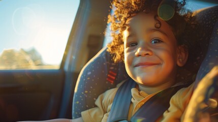 A young child with curly hair wearing a car seat smiling at the camera with sunlight streaming through the window. - obrazy, fototapety, plakaty
