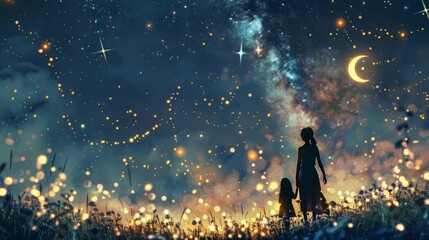 Fototapeta na wymiar A heartwarming scene of a mother and child stargazing together on a clear night, surrounded by twinkling stars and a crescent moon lighting up the sky