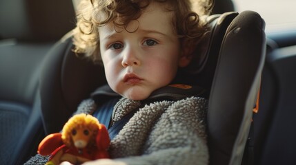 A young child with curly hair wearing a gray jacket seated in a car seat holding a stuffed toy looking directly at the camera with a serious expression.