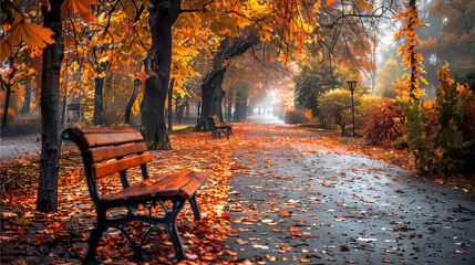 Autumn season falling leaves orange landscape bench in the park. Fall season October  nobody road full of leaves
