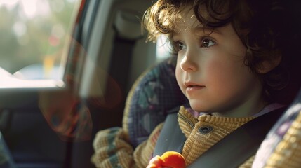 Young child with curly hair looking out of car window holding a toy wearing a yellow sweater and secured in a car seat. - obrazy, fototapety, plakaty
