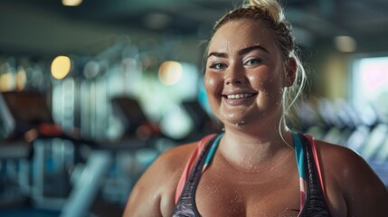 Smiling woman with sweaty skin wearing a colorful sports bra standing in a gym with blurred exercise equipment in the background. - obrazy, fototapety, plakaty