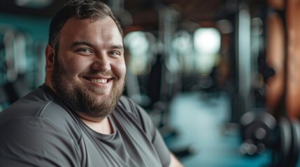 Smiling man with beard in gym wearing gray shirt surrounded by exercise equipment. - obrazy, fototapety, plakaty