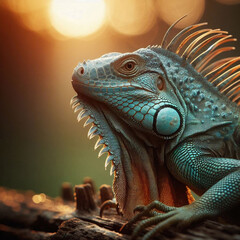 A majestic iguana elegantly perches on a log, basking in the golden hues of twilight.