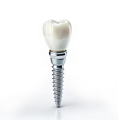 3d render illustration of a single tooth on top of a metal screw on white background. Concept of root canal crown cap dental procedure - obrazy, fototapety, plakaty