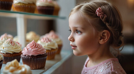 A little girl looking at cupcakes in a display case