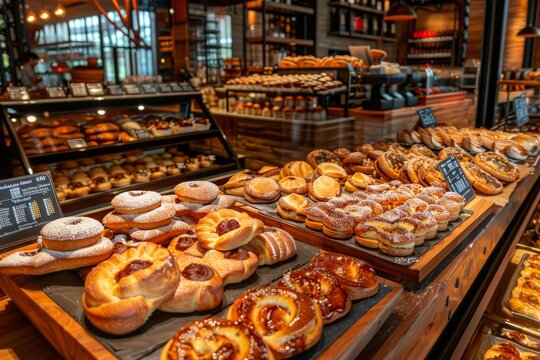 Assorted pastries on wooden trays in a cozy bakery interior, with a focus on jelly-filled pastries and sugar-dusted doughnuts, Concept of warm hospitality, gourmet baking, and delightful sweets.