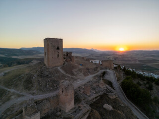 castillo de la estrella en el municipio de Teba visto desde un dron al atardecer, Andalucía	