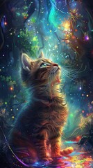 LSD dreams cats in glowing forests, with rainbow rivers