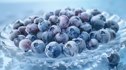 Fotobehang Frozen blueberries on a crystal plate, showcasing a splendid contrast of frost-covered berries against the plate's intricate patterns, where the icy textures meet the crystal's clarity © Aleksandra